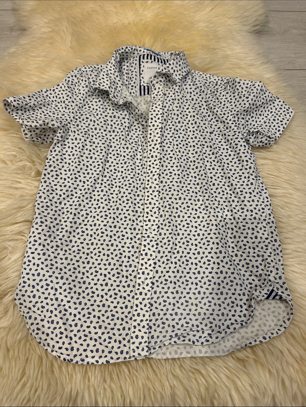 Cactus Short Sleeve White Button-Down Shirt with Navy Dot Print